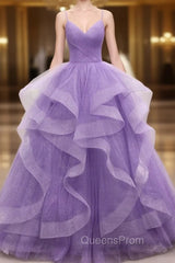 Gorgeous Purple Straps Layers Tulle V-neckline Long Evening Dress, Light Purple Evening Prom Dress