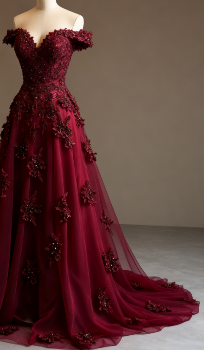 Gorgeous Red A-Line Off-The-Shoulder Tulle Beaded Long Classy Prom Dress Classy Applique Classy Evening Dress Secondary image
