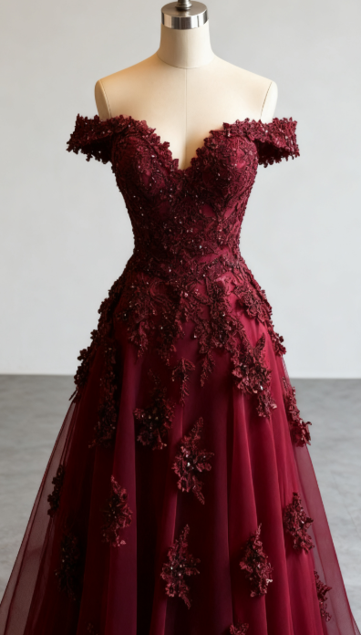 Gorgeous Red A-Line Off-The-Shoulder Tulle Beaded Long Classy Prom Dress Classy Applique Classy Evening Dress