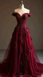 Gorgeous Red A-Line Off-The-Shoulder Tulle Beaded Long Classy Prom Dress Classy Applique Classy Evening Dress