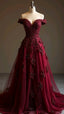 Gorgeous Red A-Line Off-The-Shoulder Tulle Beaded Long Classy Prom Dress Classy Applique Classy Evening Dress