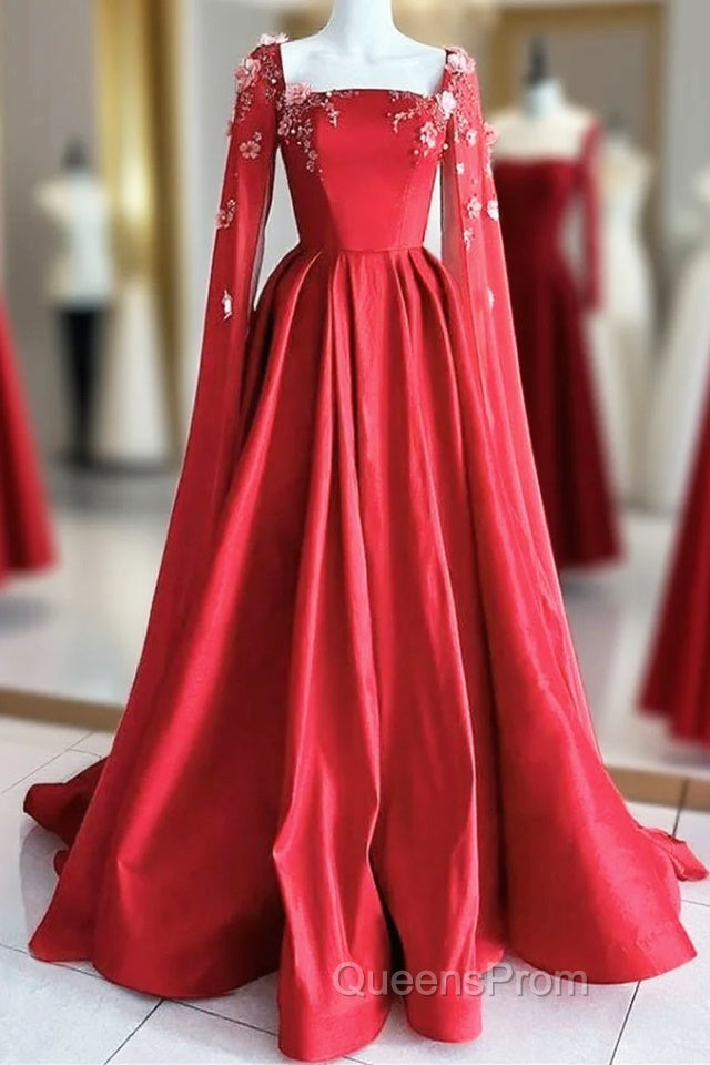 Gorgeous Red Satin Appliques Evening Prom Dress,Evening A Line Party Evening Dress With Cape Main image