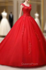 Gorgeous Red Tulle Ball Gown Long Evening Dress with Lace Flowers, Red Sweet 16 Dress