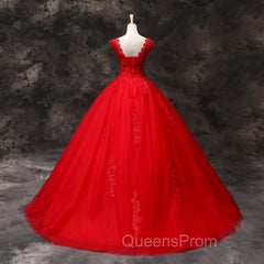 Gorgeous Red Tulle Ball Gown Long Evening Dress with Lace Flowers, Red Sweet 16 Dress