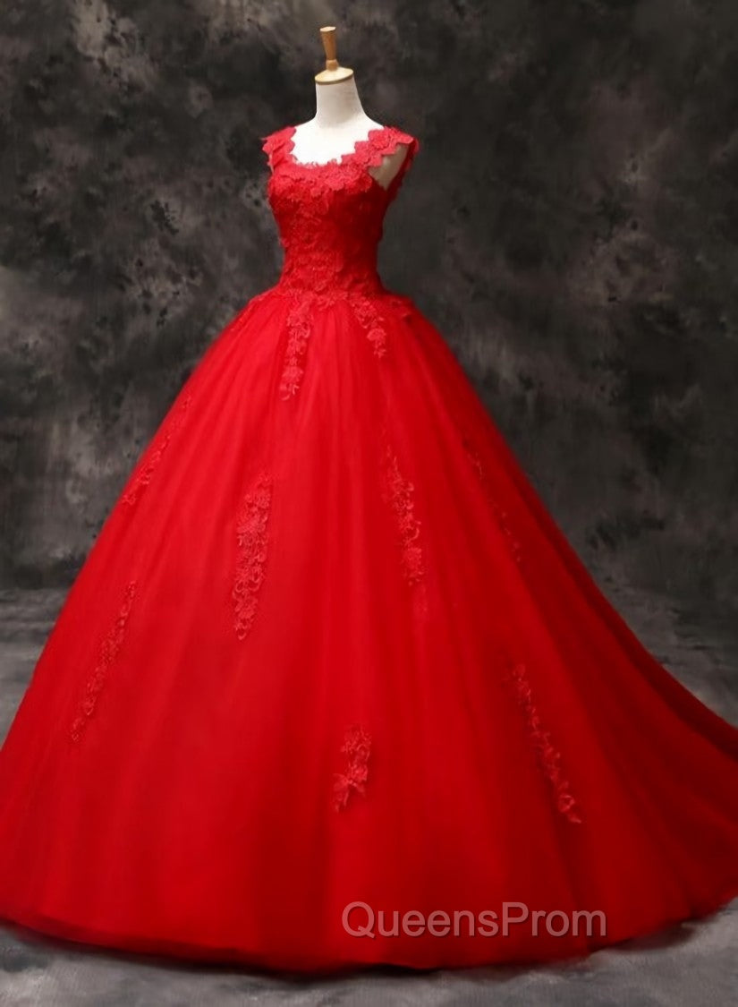 Gorgeous Red Tulle Ball Gown Long Evening Dress with Lace Flowers, Red Sweet 16 Dress Main image