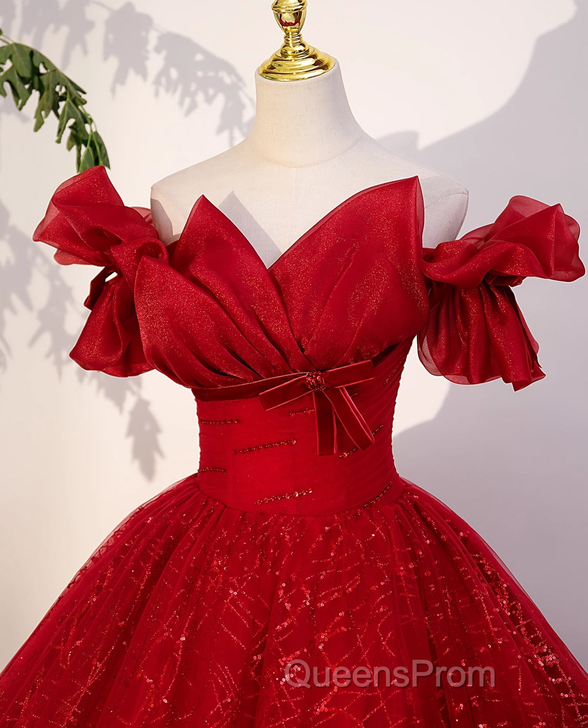 Gorgeous Red Tulle Ball Gown Off Shoulder Sweet 16 Dress, Red Long Formal Dress Secondary image