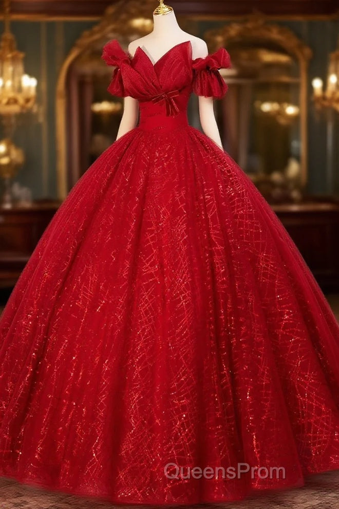 Gorgeous Red Tulle Ball Gown Off Shoulder Sweet 16 Dress, Red Long Formal Dress Main image