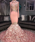 Gorgeous Round Neck Flower Long Sleevess Sequins Mermaid Evening Prom Dress