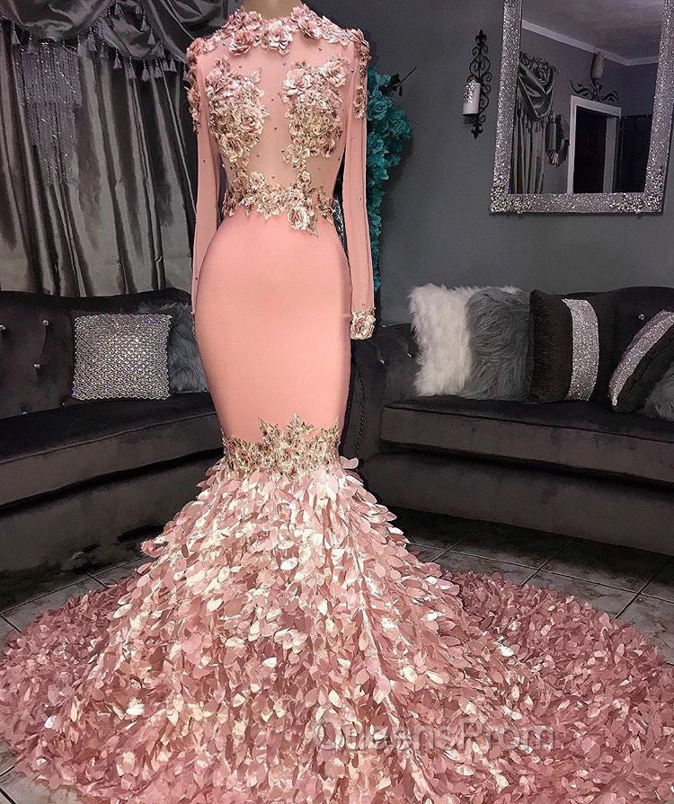 Gorgeous Round Neck Flower Long Sleevess Sequins Mermaid Evening Prom Dress