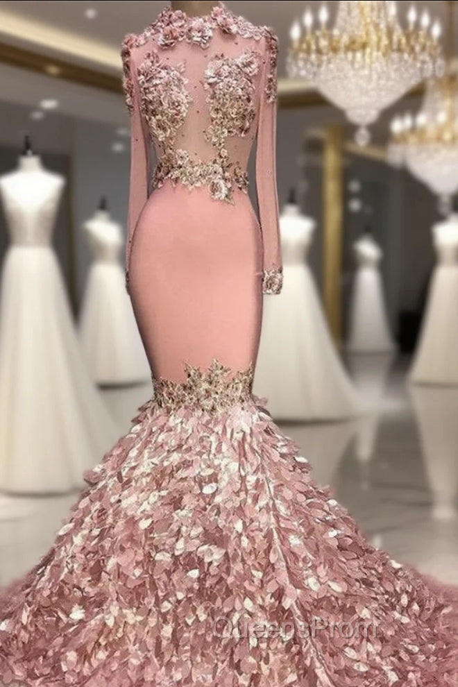 Gorgeous Round Neck Flower Long Sleevess Sequins Mermaid Evening Prom Dress Main image