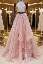 Gorgeous Round Neck Two Pieces Long Evening Prom Dress, 2 Pieces Formal Evening Dress