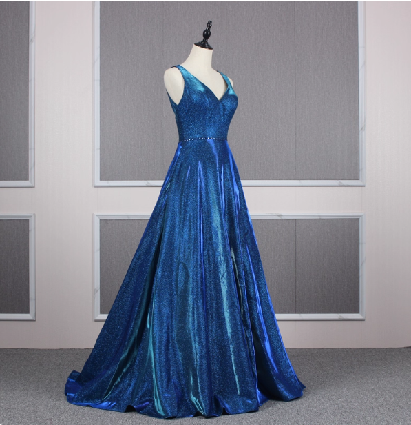 Gorgeous Royal Blue A-Line V-Neck Backless Satin Train Classy Prom Dress Secondary image