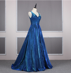 Gorgeous Royal Blue A-Line V-Neck Backless Satin Train Classy Prom Dress