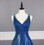 Gorgeous Royal Blue A-Line V-Neck Backless Satin Train Classy Prom Dress