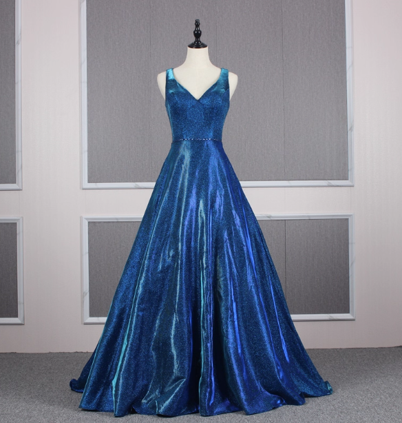 Gorgeous Royal Blue A-Line V-Neck Backless Satin Train Classy Prom Dress Main image
