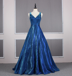 Gorgeous Royal Blue A-Line V-Neck Backless Satin Train Classy Prom Dress