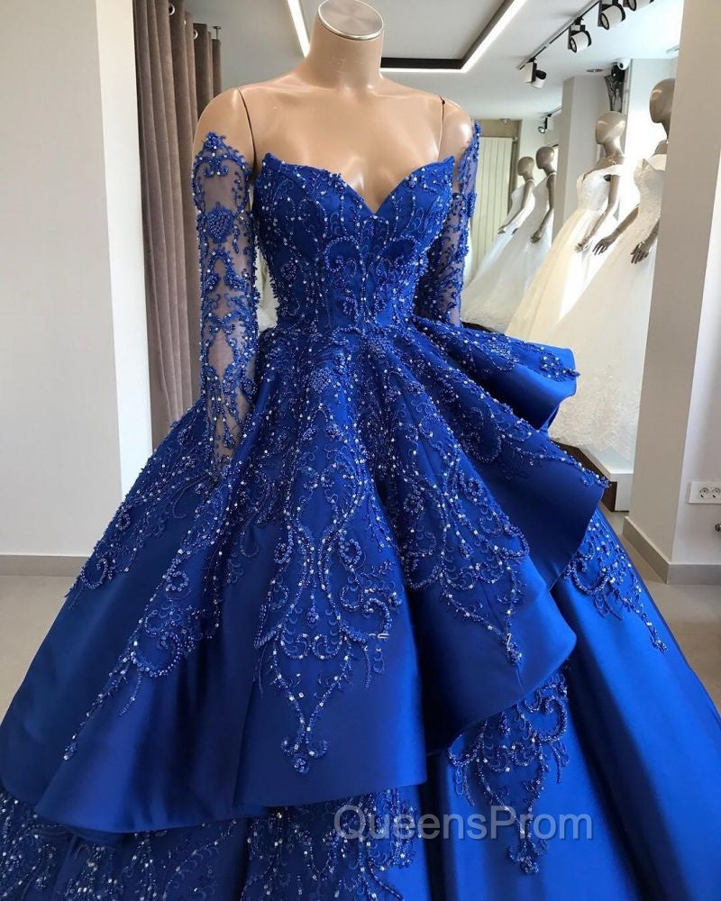 Gorgeous Royal Blue Lace Ruffled Evening Prom Party Gowns| Strapless Sweetheart Beads Quinceanera Dress Secondary image