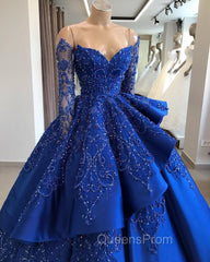 Gorgeous Royal Blue Lace Ruffled Evening Prom Party Gowns| Strapless Sweetheart Beads Quinceanera Dress