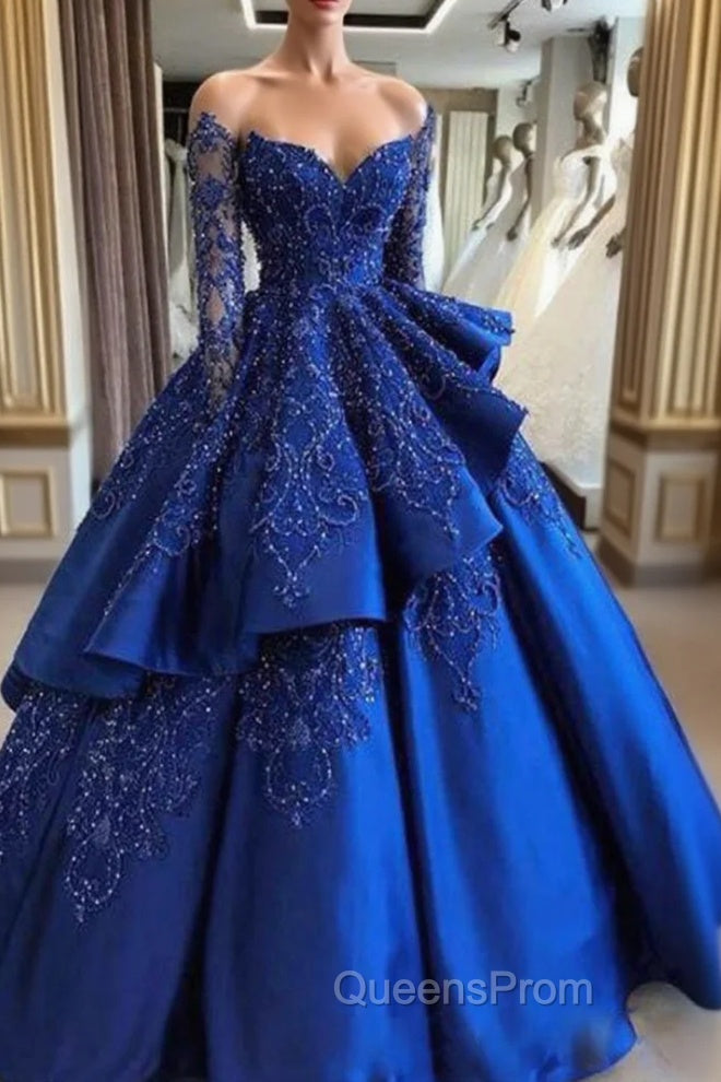 Gorgeous Royal Blue Lace Ruffled Evening Prom Party Gowns| Strapless Sweetheart Beads Quinceanera Dress Main image