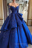 Gorgeous Royal Blue Lace Ruffled Evening Prom Party Gowns| Strapless Sweetheart Beads Quinceanera Dress