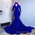Gorgeous Royal Blue Long Sleeves Evening Prom Dress Mermaid Long With Sequins