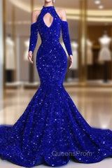 Gorgeous Royal Blue Long Sleeves Evening Prom Dress Mermaid Long With Sequins