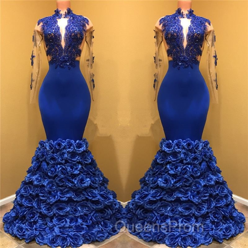 Gorgeous Royal Blue Evening Prom Dress Long Sleevess Evening Gowns with Rose Flowers Secondary image