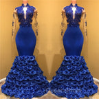 Gorgeous Royal Blue Evening Prom Dress Long Sleevess Evening Gowns with Rose Flowers