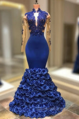 Gorgeous Royal Blue Evening Prom Dress Long Sleevess Evening Gowns with Rose Flowers