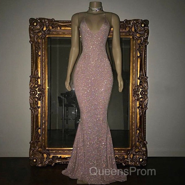Gorgeous Sequined Mermaid Spaghetti-Strap Long Sleevesless Evening Prom Party Gowns