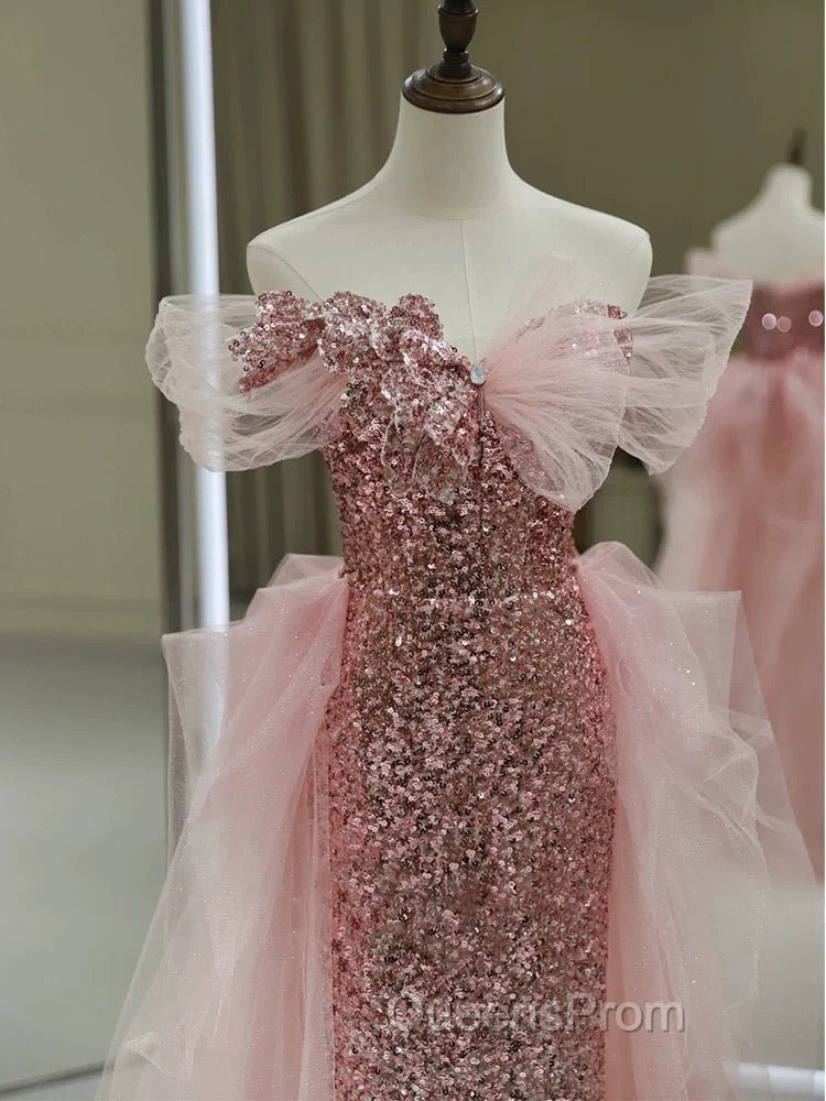 Gorgeous Sheath Off The Shoulder Pink Sequin Long Evening Dress Evening Prom Dress Birthday Outfits Secondary image