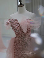 Gorgeous Sheath Off The Shoulder Pink Sequin Long Evening Dress Evening Prom Dress Birthday Outfits