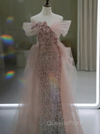 Gorgeous Sheath Off The Shoulder Pink Sequin Long Evening Dress Evening Prom Dress Birthday Outfits