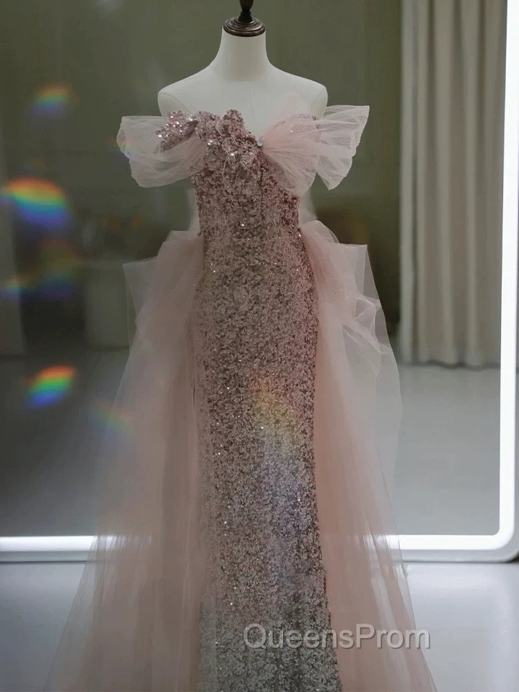 Gorgeous Sheath Off The Shoulder Pink Sequin Long Evening Dress Evening Prom Dress Birthday Outfits
