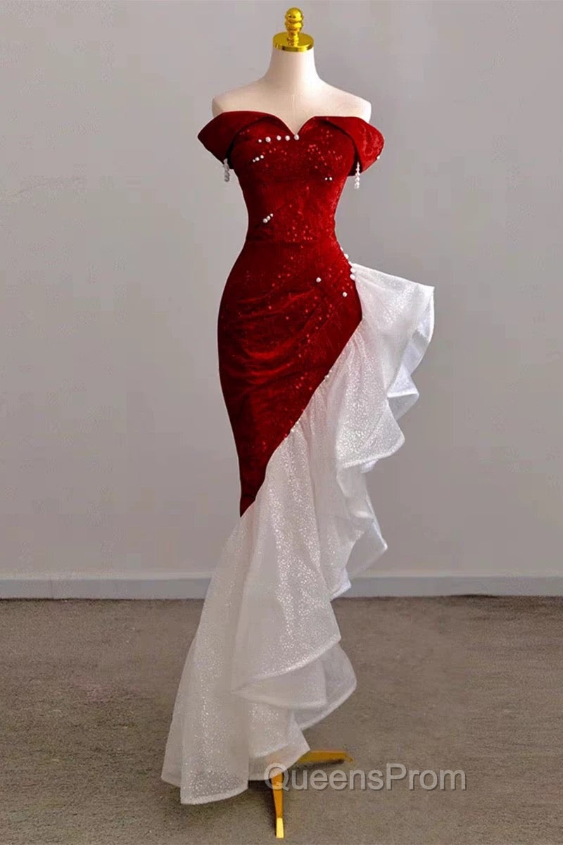 Gorgeous Sheath Off The Shoulder Sequin Red Evening Dress Evening Prom Dress Birthday Outfits