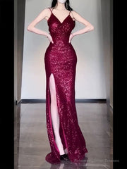Gorgeous Sheath Spaghetti Straps Burgundy Sequin Long Evening Dress Prom Dresses Birthday Outfits