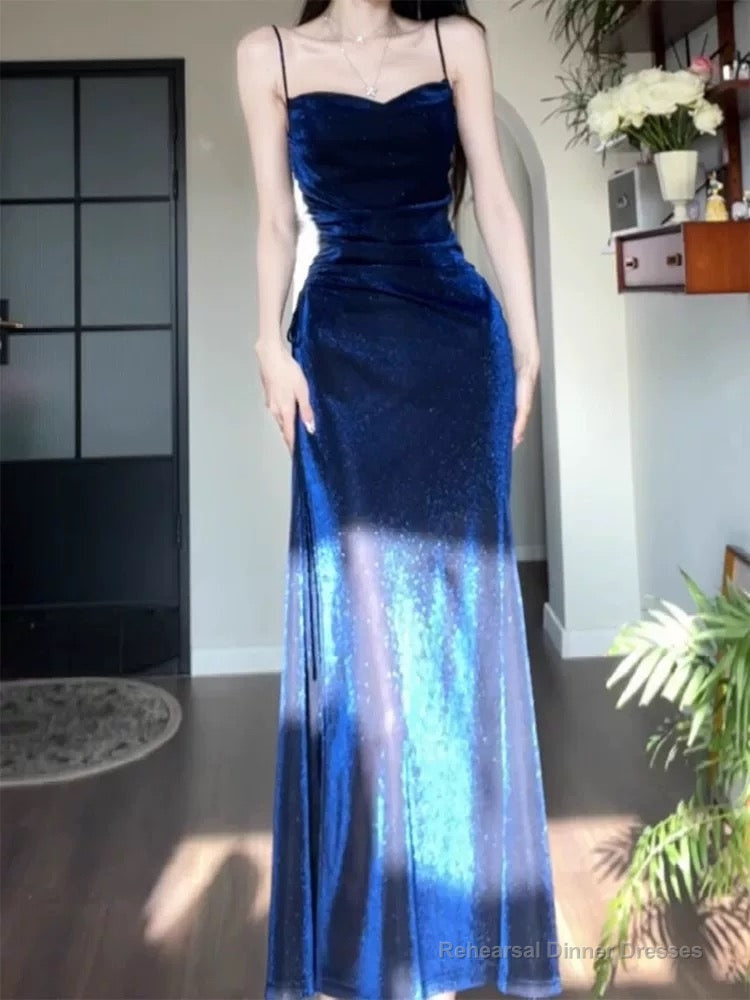 Gorgeous Sheath Spaghetti Straps Navy Blue Long Evening Dress Prom Dresses Birthday Outfits Main image