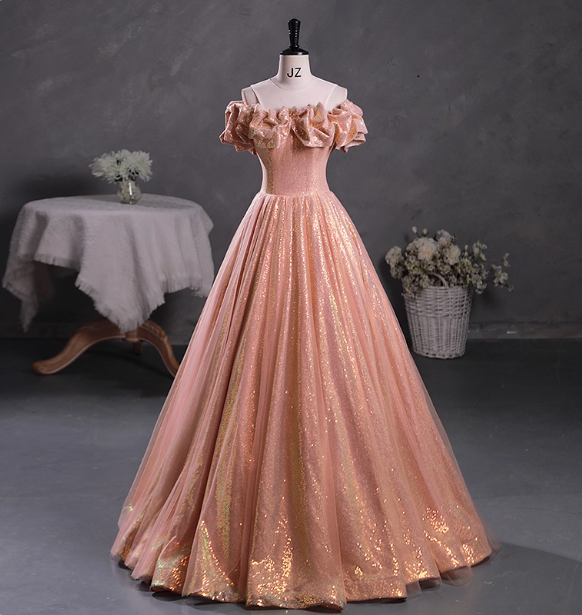 Gorgeous Shimmering Pink-Gold Ruched Sequin Sheer Tulle Long Ball Gown Prom Dress Sweet 16 Dress Secondary image