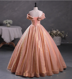 Gorgeous Shimmering Pink-Gold Ruched Sequin Sheer Tulle Long Ball Gown Prom Dress Sweet 16 Dress