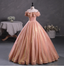 Gorgeous Shimmering Pink-Gold Ruched Sequin Sheer Tulle Long Ball Gown Prom Dress Sweet 16 Dress