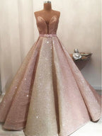 Gorgeous Shiny Rose Gold Satin Strapless Ball Gown Classy Prom Dress