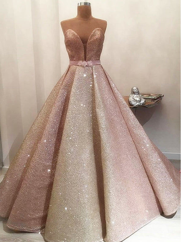 Gorgeous Shiny Rose Gold Satin Strapless Ball Gown Classy Prom Dress