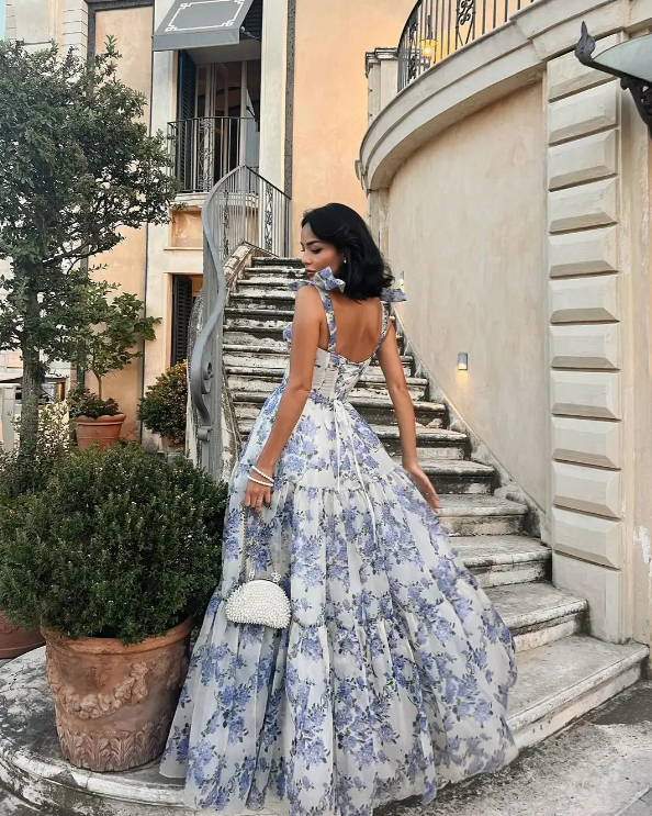 Elegant Floral Print Chiffon Long Classy Prom Dress Classy Evening Dress