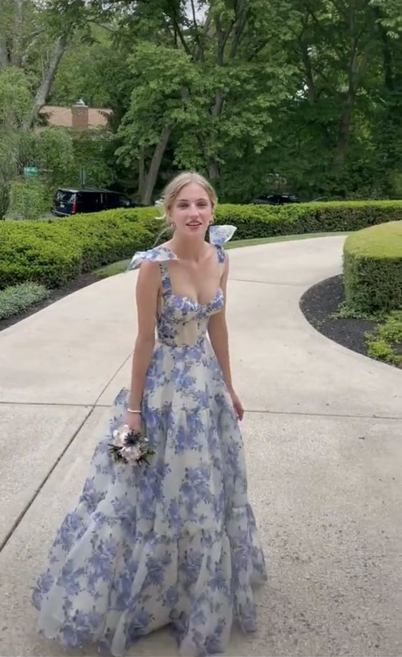 Elegant Floral Print Chiffon Long Classy Prom Dress Classy Evening Dress Main image