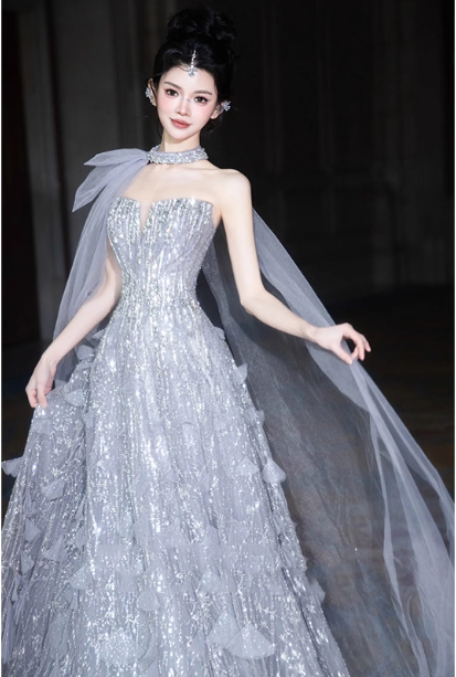 Gorgeous Silver Gray A-Line Strapless Sequined Train Classy Prom Dress