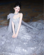 Gorgeous Silver Gray A-Line Strapless Sequined Train Classy Prom Dress