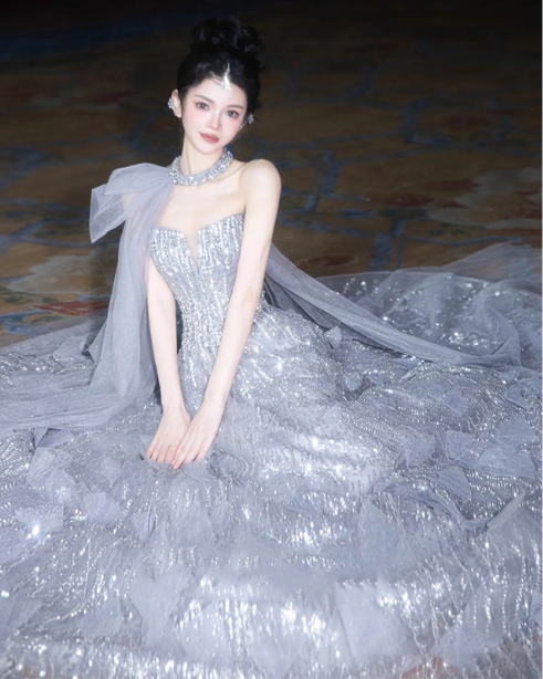 Gorgeous Silver Gray A-Line Strapless Sequined Train Classy Prom Dress