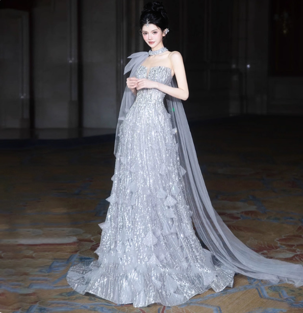 Gorgeous Silver Gray A-Line Strapless Sequined Train Classy Prom Dress