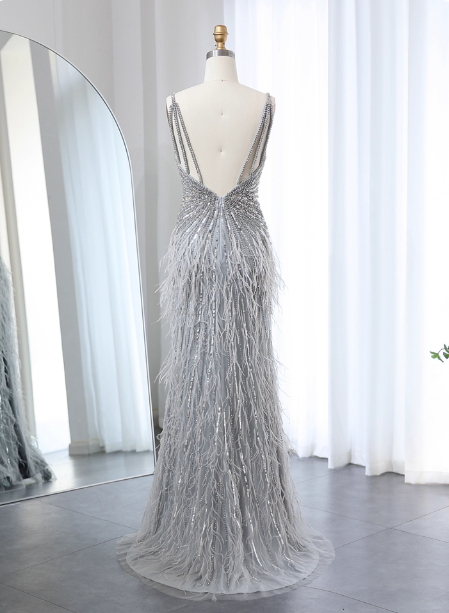 Gorgeous Silver-Grey Spaghetti Strap V-Neck Feather Sequin Slit Long Classy Prom Dress Secondary image