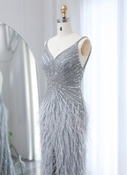 Gorgeous Silver-Grey Spaghetti Strap V-Neck Feather Sequin Slit Long Classy Prom Dress